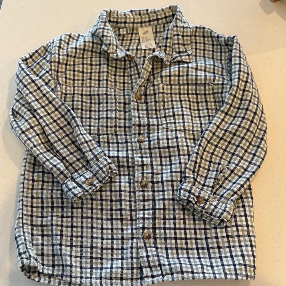 H&M Kids Cream and Blue Plaid Button-Down Shirt
